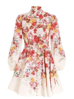 Zimmermann Cream Mini Dress with Vibrant Red & Orange Floral Print
